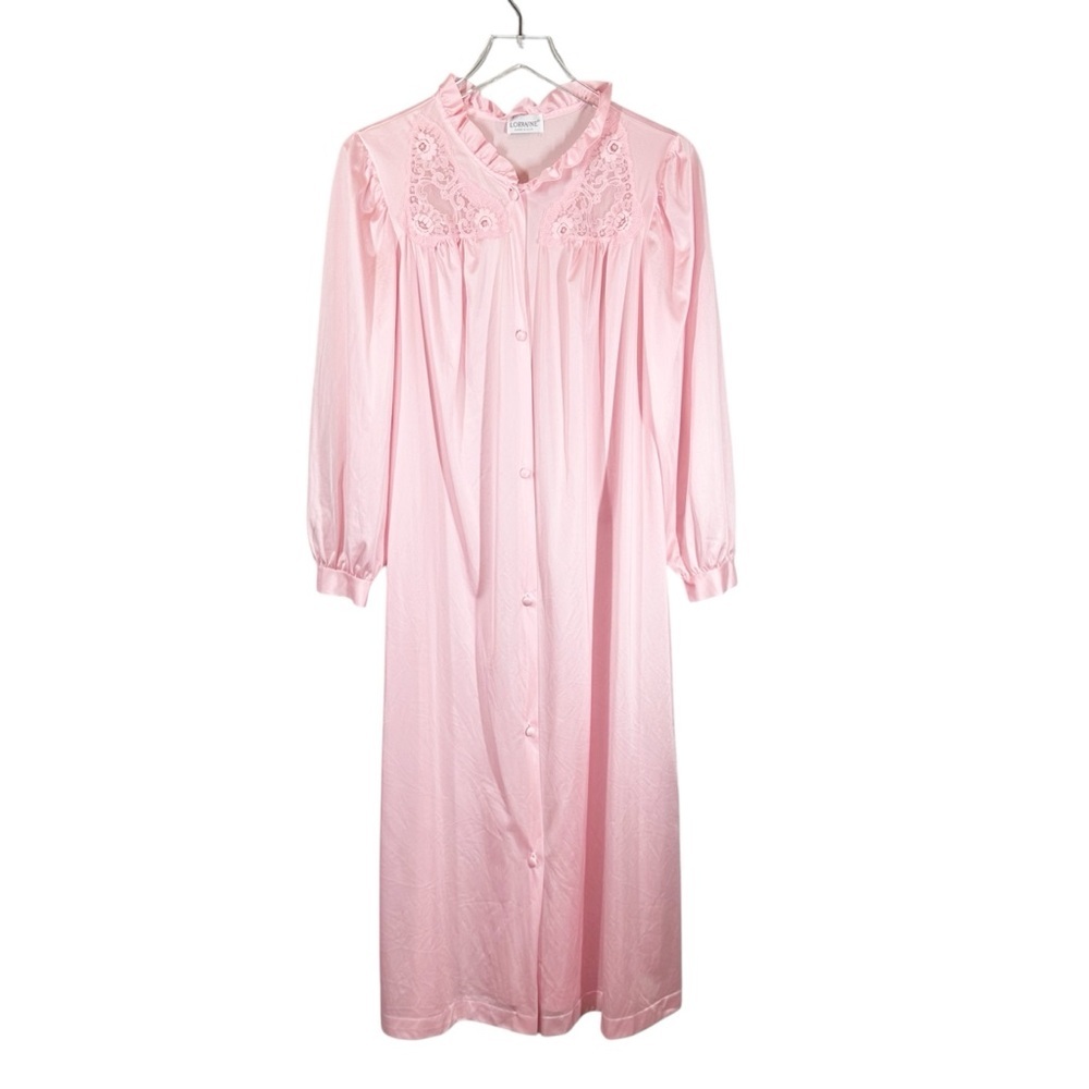 LORRAINE Vintage Women's Large Pink Button Down Long Sleeve Nightgown Robe USA